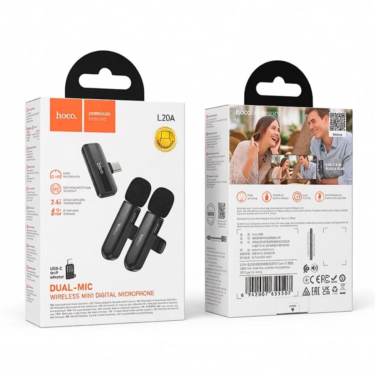 HOCO - Micrófono Solapero Inalámbrico Doble Hoco L20A USB-C y Lightning con Reducción de Ruido