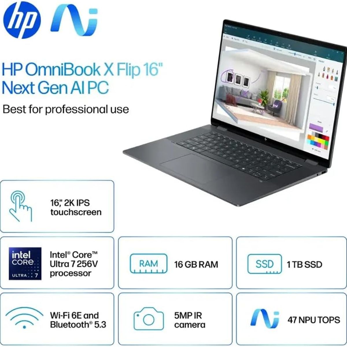 HP - Laptop HP OmniBook X Flip 2-in-1 Copilot+ PC 16" 2K Touch Intel Core Ultra 7 256V 16GB 1TB SSD