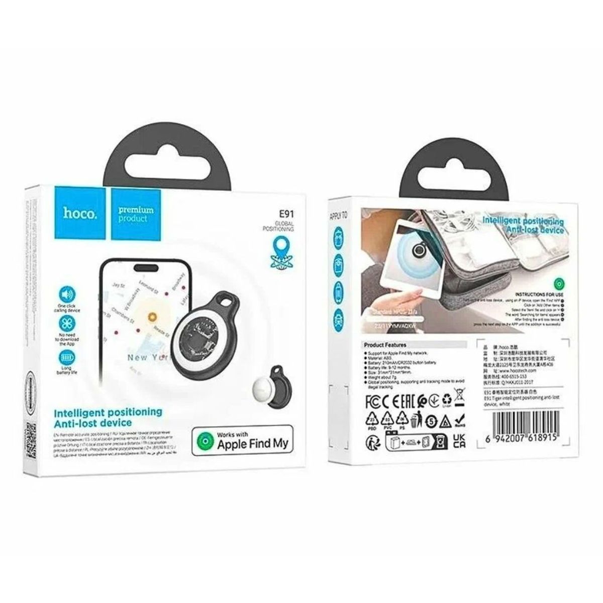 HOCO - Rastreador Antipérdida Hoco E91 Compatible con Apple Find My para Llaves Maletas y Mochilas