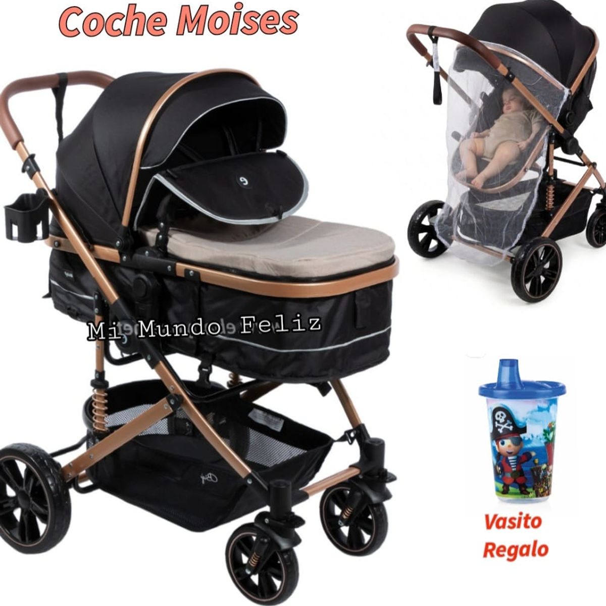 EBABY - Coche para Bebe Moises Multiposicion Gold Incalcult  Beige