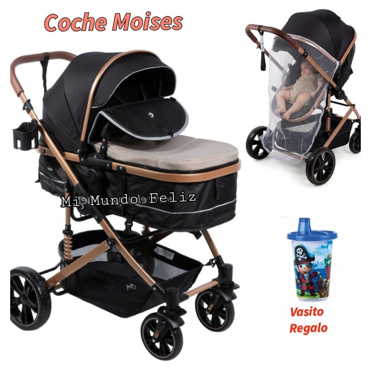 EBABY - Coche para Bebe Moises Multiposicion Gold Incalcult  Beige