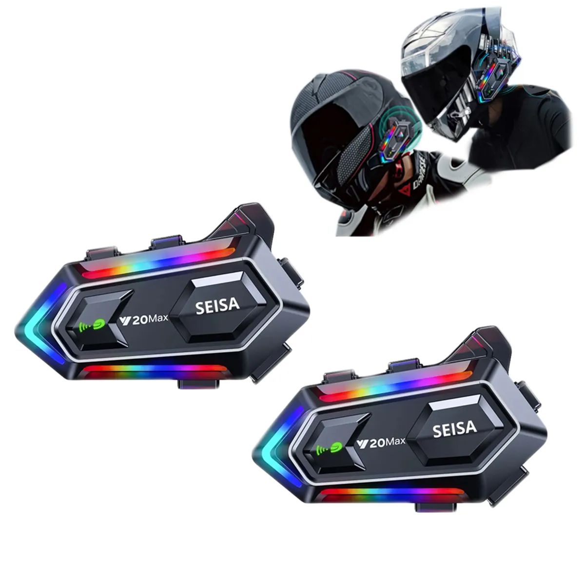 SEISA - Kit Doble Audífonos para Casco con Bluetooth - Intercomunicador y luces RGB - MT-Y20MAX2 SEISA
