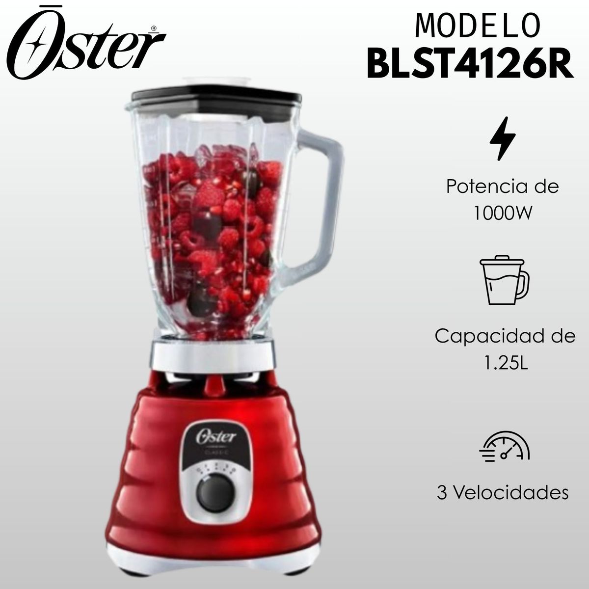 OSTER - Licuadora clásica Oster con perilla ergonómica 3 velocidades BLST4126R