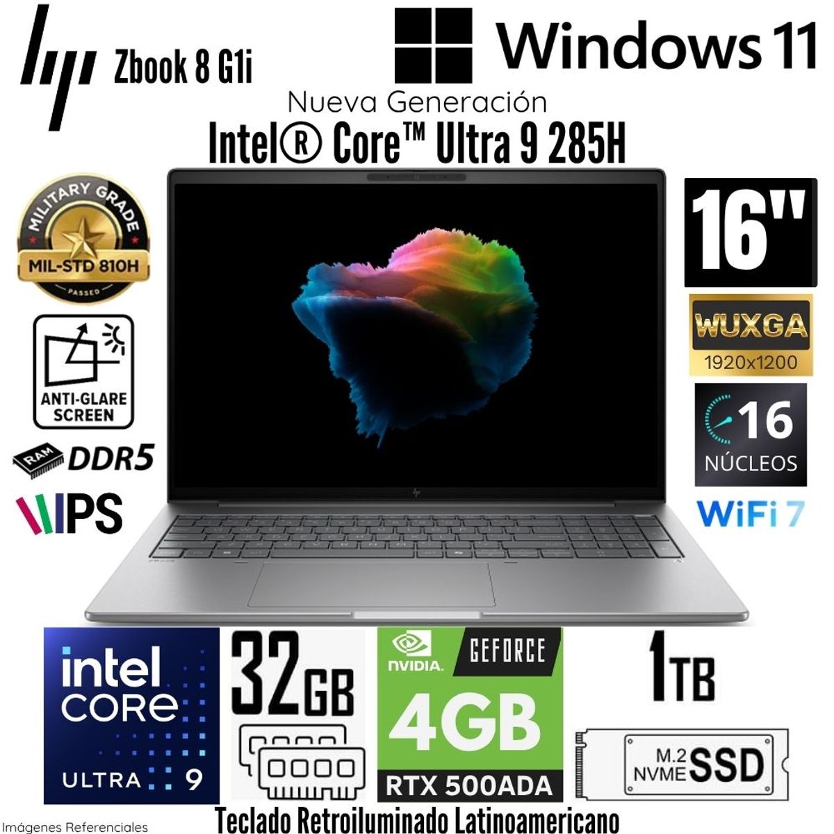HP - Laptop HP Zbook 8 G1i Intel Core Ultra 9 285H 32GB RAM 1TB SSD RTX 500 ADA-4GB 16"  WUXGA