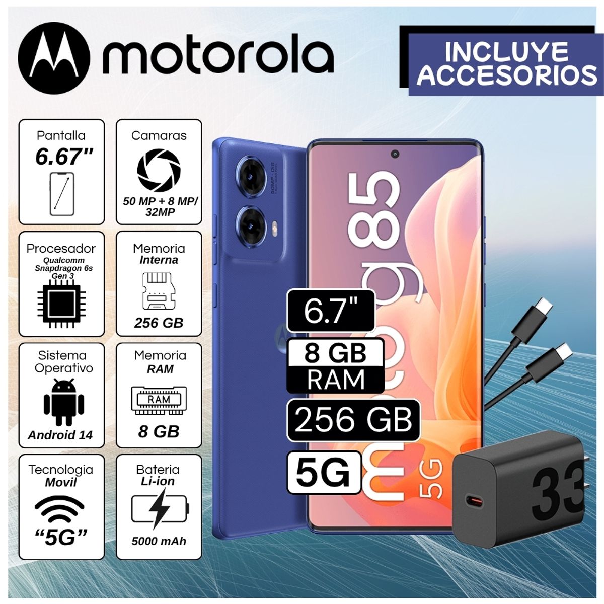 MOTOROLA - Celular Motorola G85 5G  6.67"  Pulg. 8GB RAM 256GB Android 14 - Azul Electrico