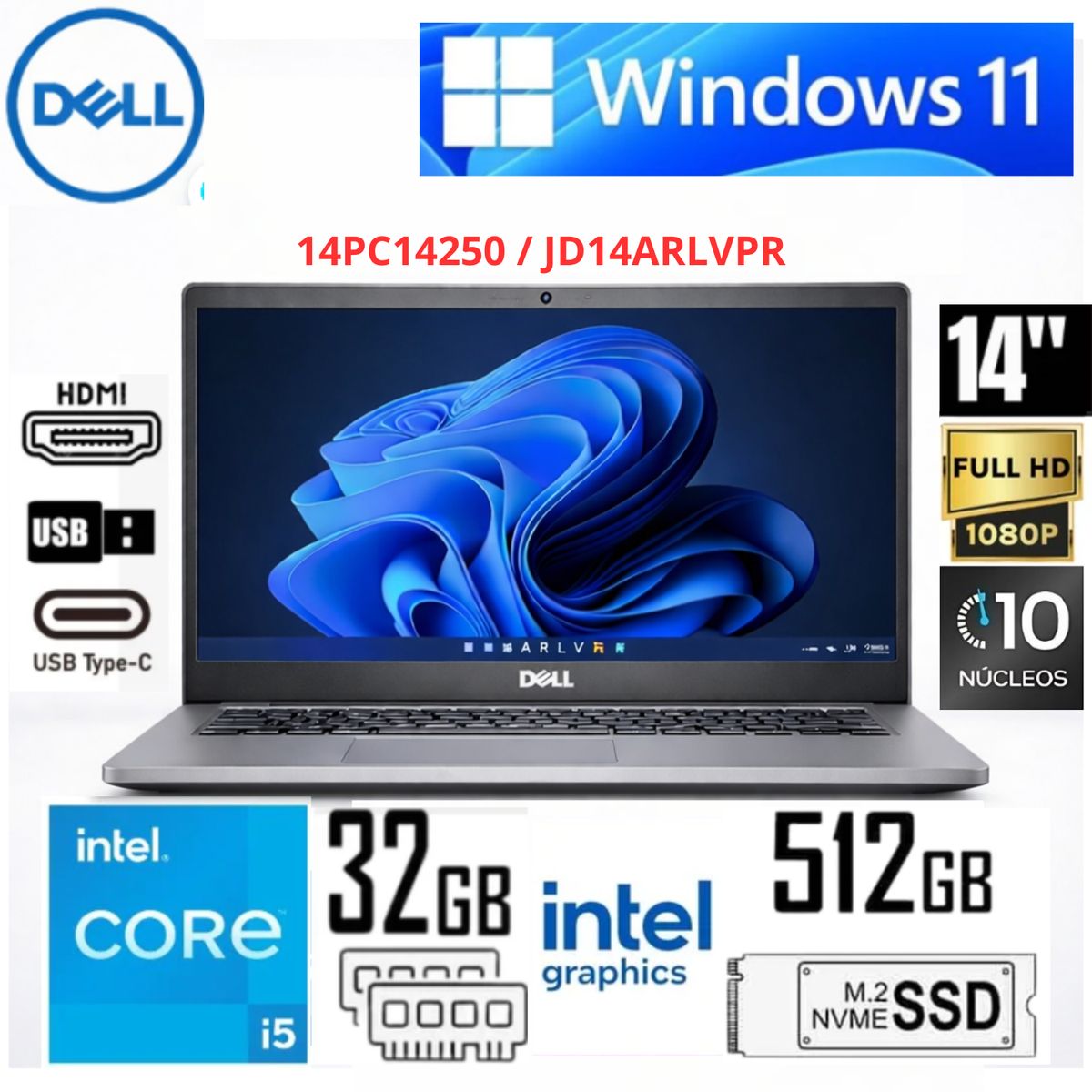 DELL - Laptop Dell Pro 14PC14250 - JD14ARLVPR 14″ FHD 32GB RAM 512GB SSD Gris