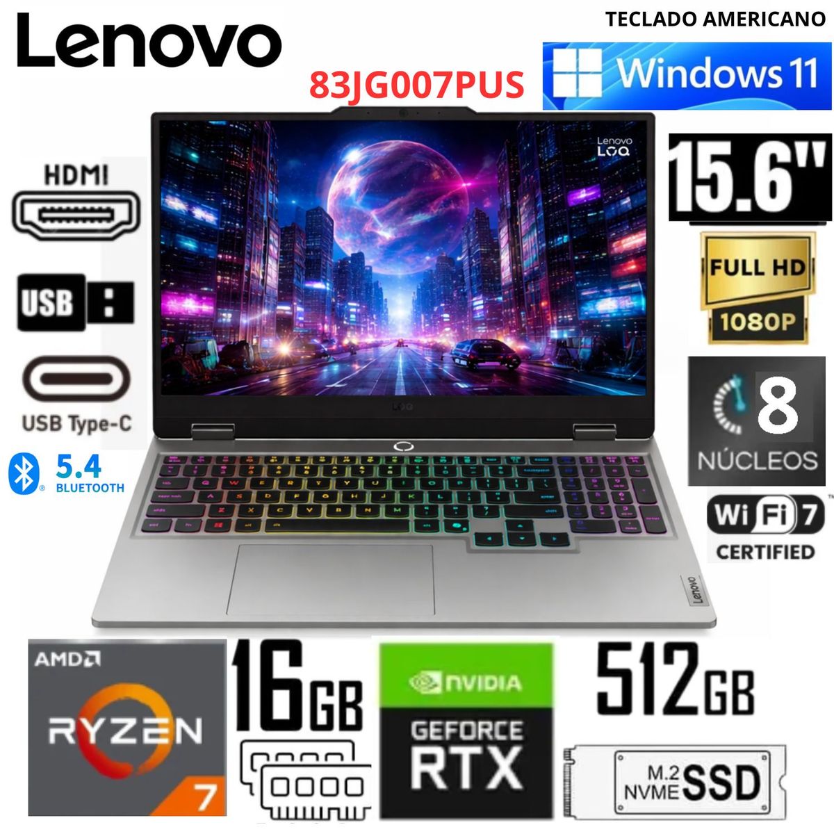 LENOVO - Laptop Gamer Lenovo Luna Grey Ryzen 7 250 16GB RAM 512GB SSD RTX 5060 8GB 15.6"  83JG007PUS