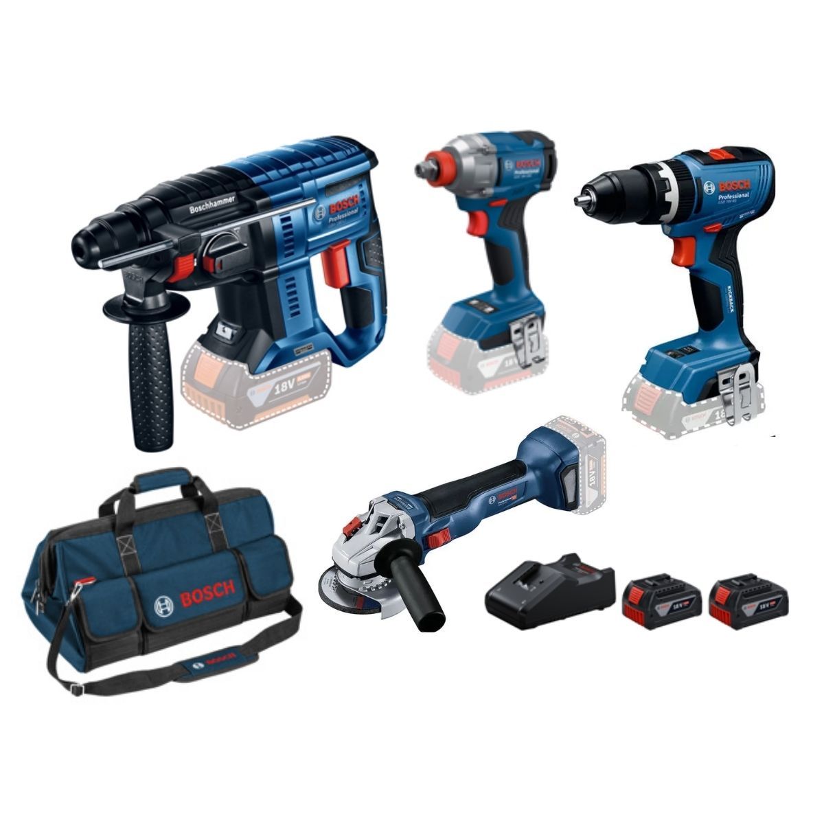 Bosch Cuatripack 18V Taladro + Rotomartillo + Llave Impacto + Esmeril, marca Bosch - Foto Principal