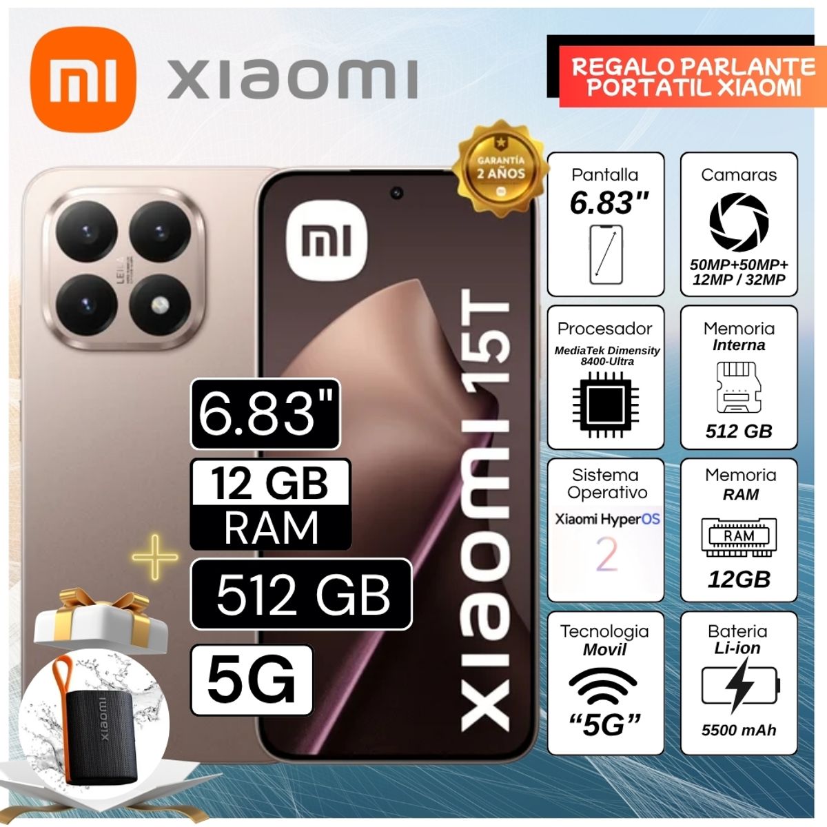 XIAOMI - Celular Xiaomi 15T 6.83"  Pulg. 12GB RAM 512GB Xiaomi HyperOS 2 -  Oro Rosa