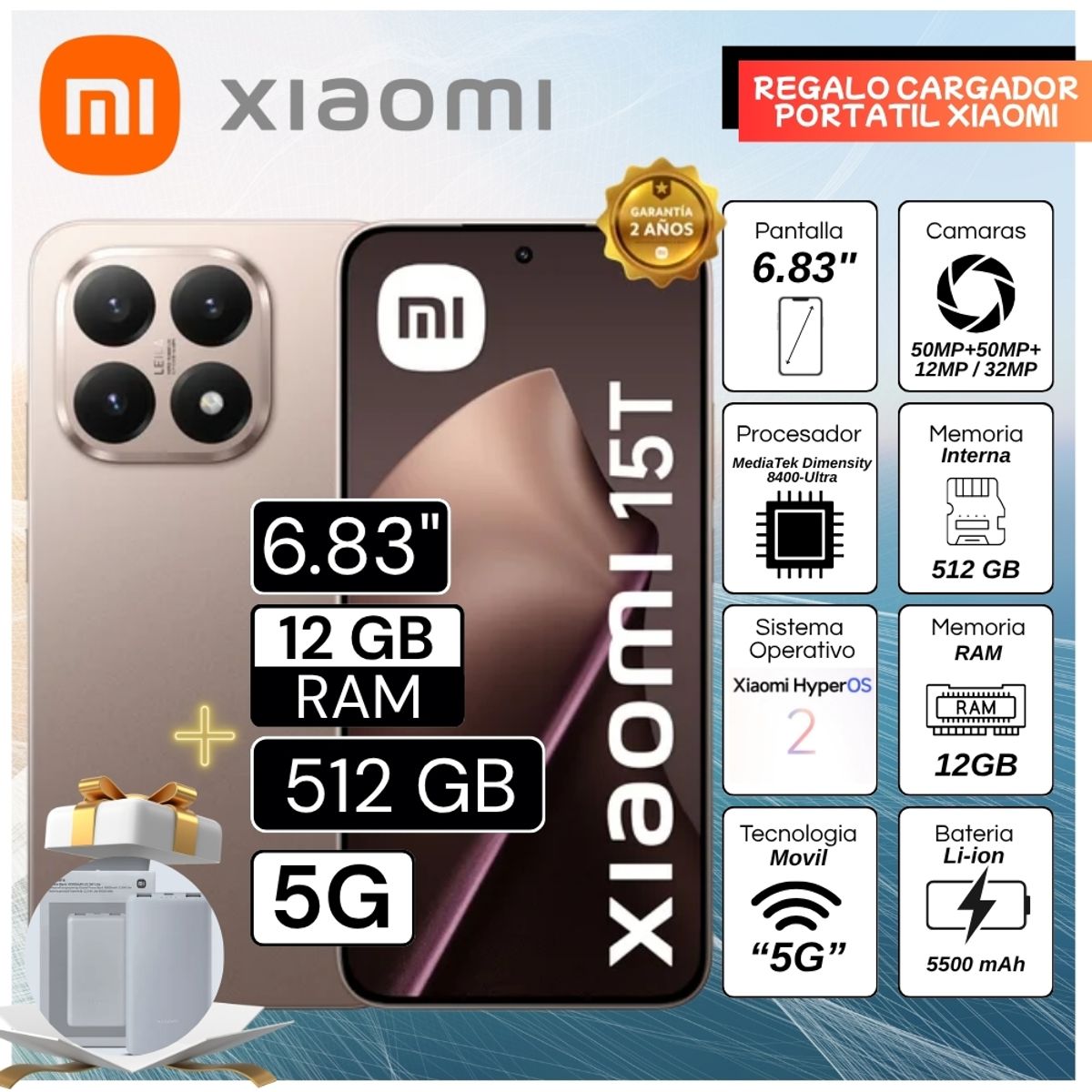 XIAOMI - Celular Xiaomi 15T 6.83"  Pulg. 12GB RAM 512GB Xiaomi HyperOS 2 -  Oro Rosa