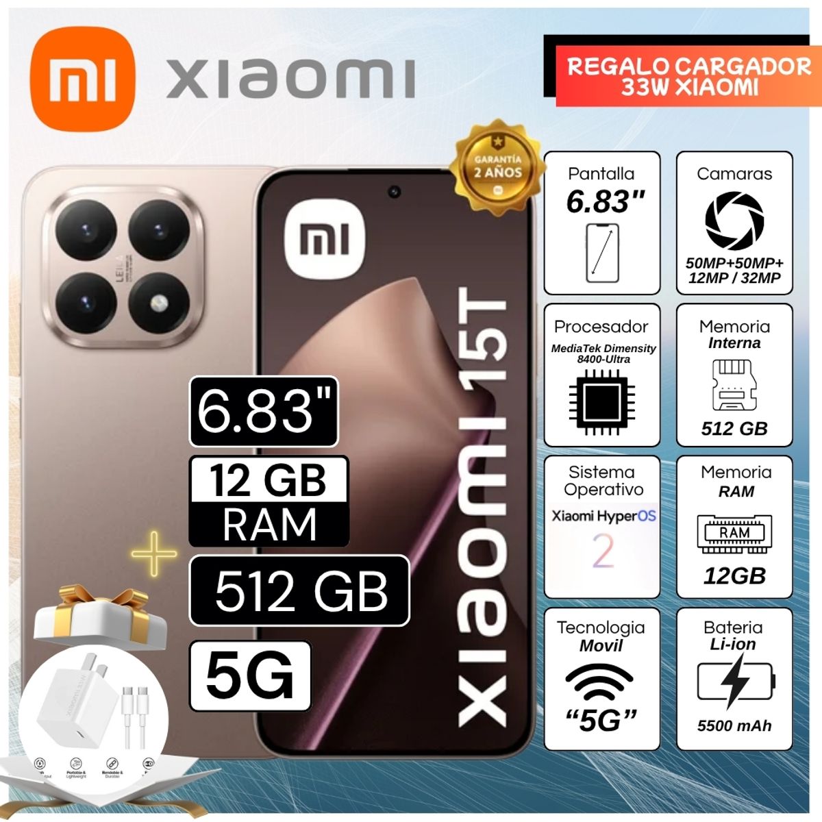 XIAOMI - Celular Xiaomi 15T 6.83"  Pulg. 12GB RAM 512GB Xiaomi HyperOS 2 -  Oro Rosa