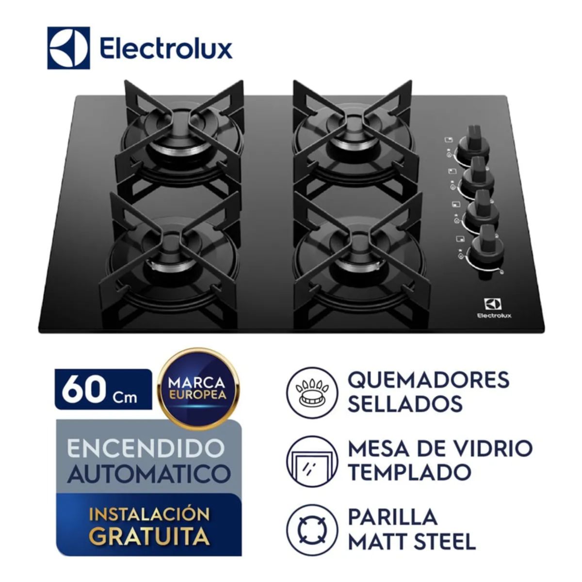 ELECTROLUX - Encimera a Gas Electrolux 4 Hornillas 52 cm KE4GR – Cocina Rápida y Segura