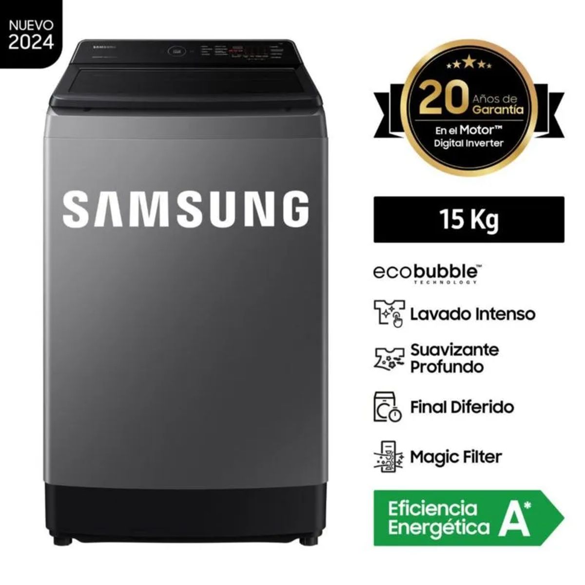 SAMSUNG - Lavadora Samsung WA15CG5441BDPE EcoBubble Carga Superior Gris 15kg