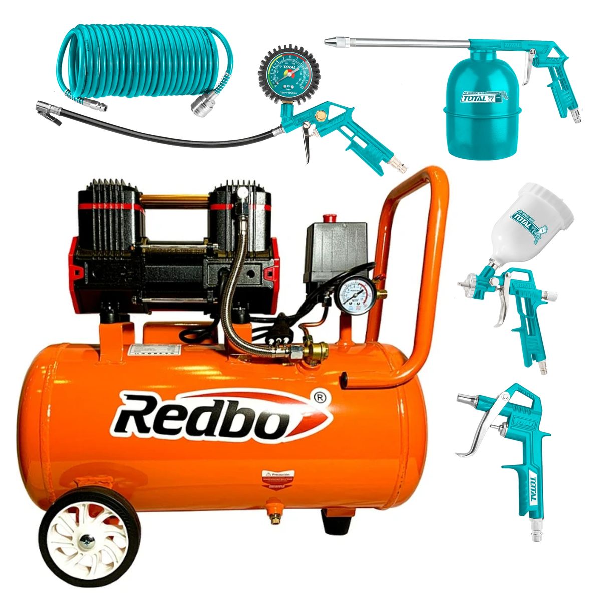 REDBO - Compresora silenciosa 25 litros Redbo + 5 herramientas neumaticas