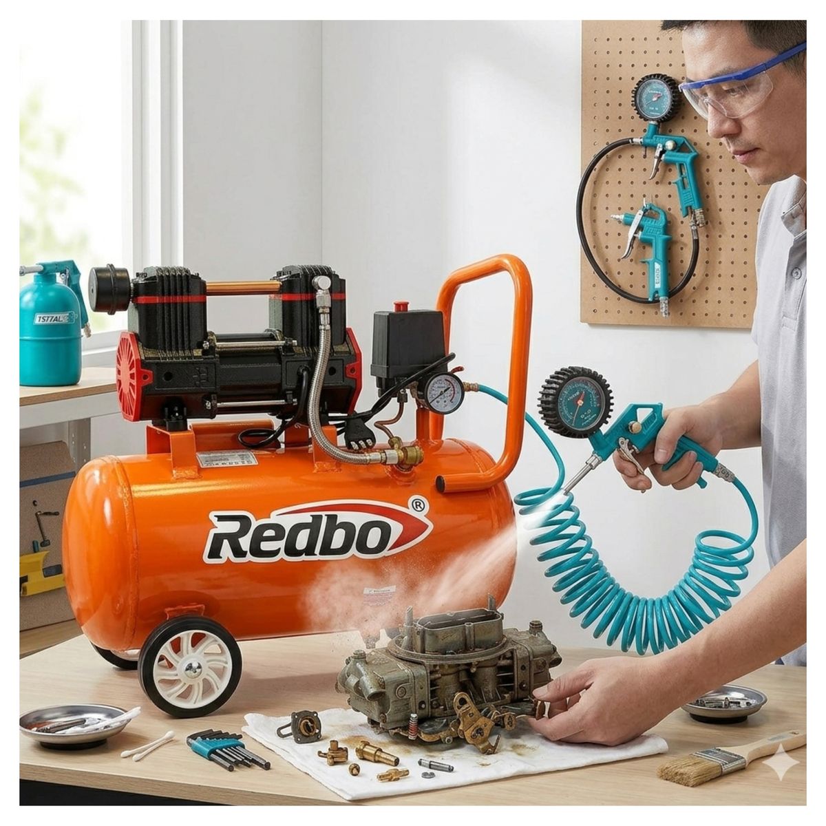 REDBO - Compresora silenciosa 25 litros Redbo + 5 herramientas neumaticas