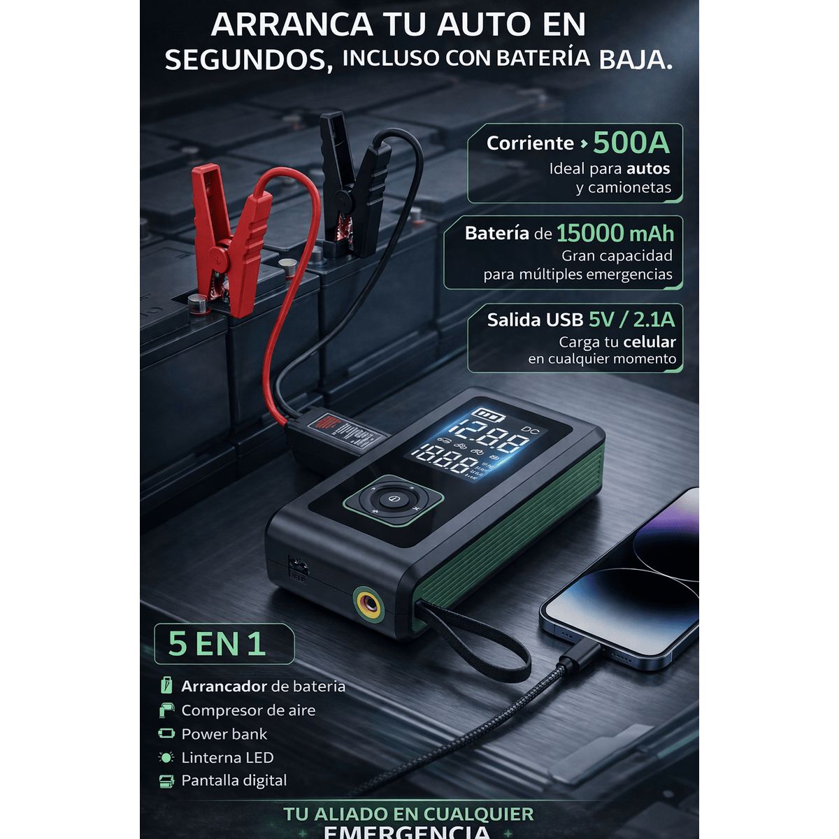 OEM - Arrancador de Batería 5 en 1 Linkmax Compresor 150 PSI Power Bank 15000 mAh  y Luz LED de Emergencia