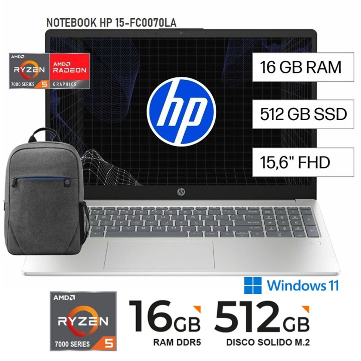 HP - NOTEBOOK HP 15.6 15-FC0070LA RYZEN 5-7520U 16GB 512GB WINDOWS 11 - PLATEADO + MOCHILA HP PRELUDE