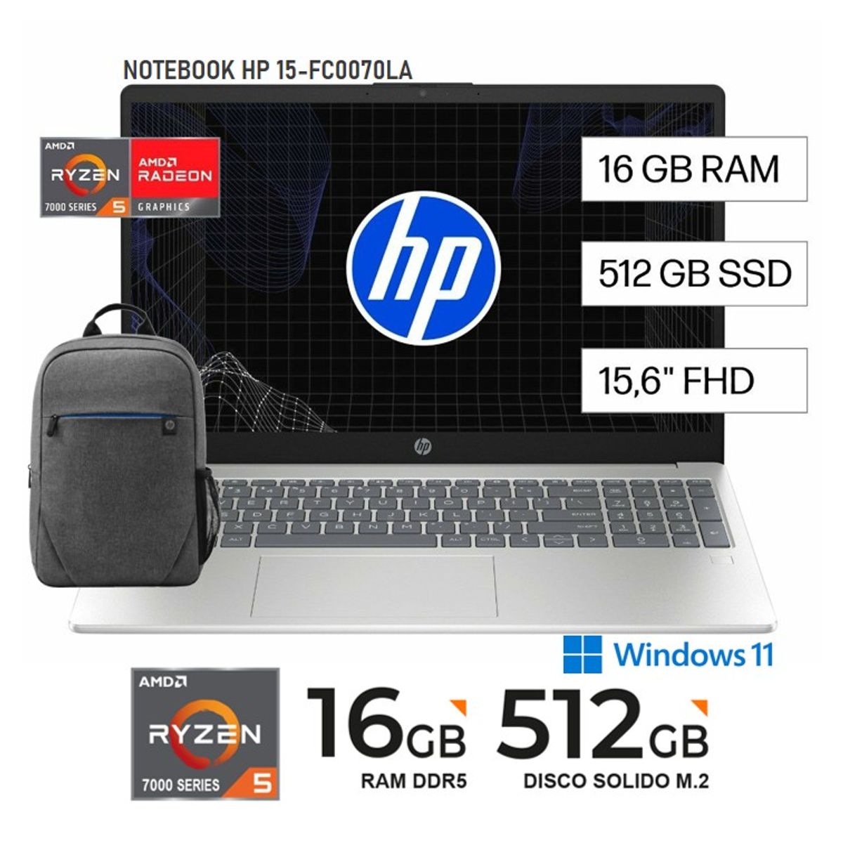 HP - NOTEBOOK HP 15.6 15-FC0070LA RYZEN 5-7520U 16GB 512GB WINDOWS 11 - PLATEADO + MOCHILA HP PRELUDE
