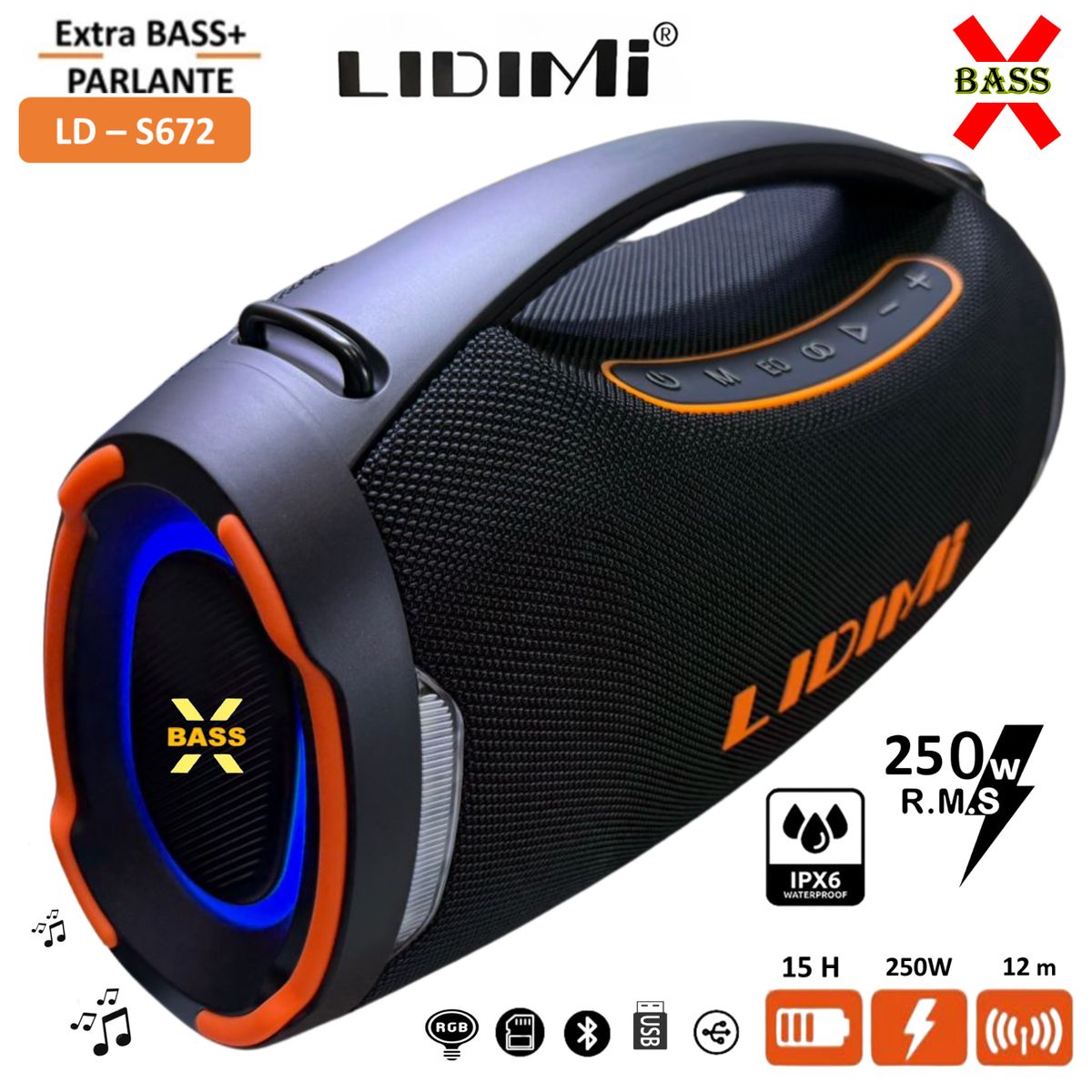 LIDIMI - Parlante Portátil Lidimi Super LD-S672 250W Led RGB Bluetooth USB