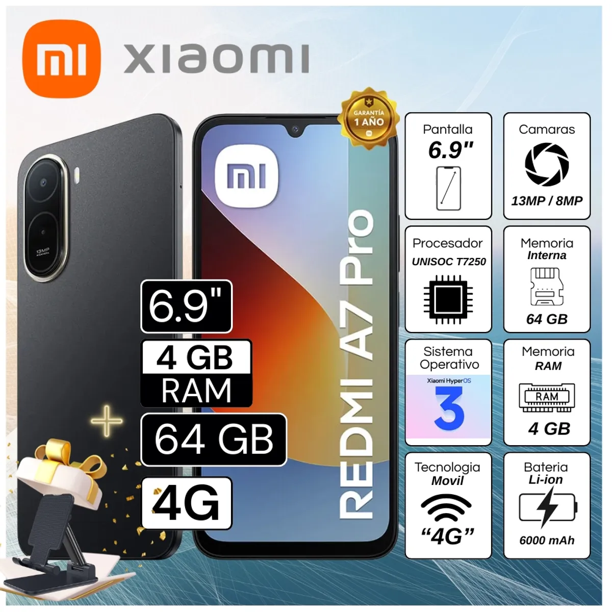 XIAOMI - Celular Xiaomi Redmi A7 Pro 6.9"  Pulg. 4GB RAM 64GB Xiaomi HyperOS 3 -  Negro