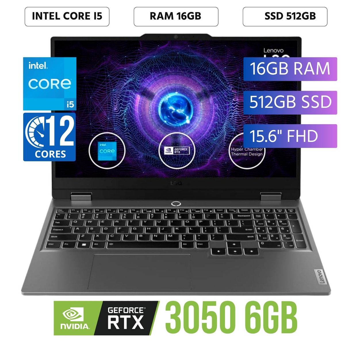 LENOVO - Laptop Lenovo LOQ 15IAX9 Intel Core i5-12450HX Ram 16Gb SSD 512Gb RTX 3050 15,6" FHD WIN 11