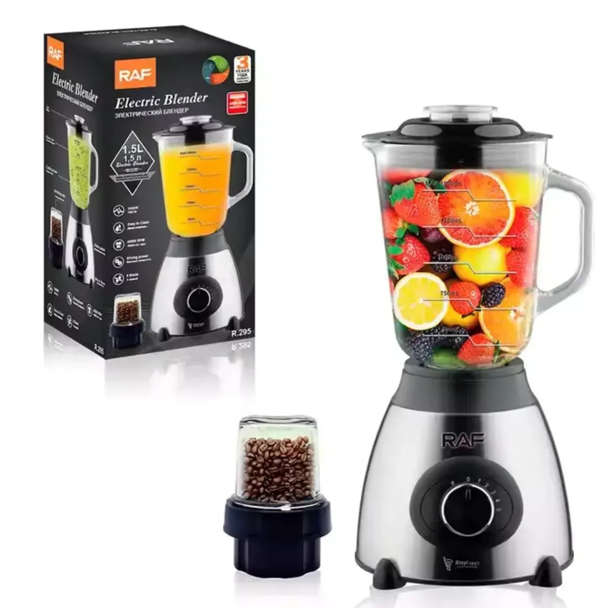 RAFF - Licuadora De 5 Velocidades 2 En 1 De 1.5 Litros Raf 1000w R.295