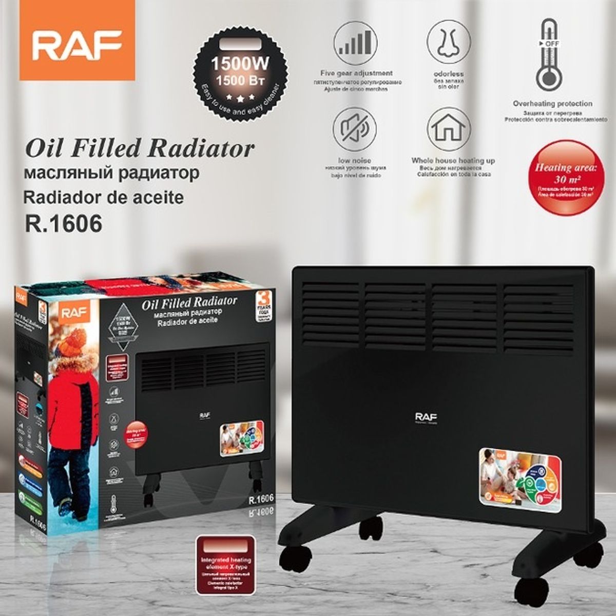 RAFF - Convector Raf 1500 W Con Termostato Negro Calefactor Radiador