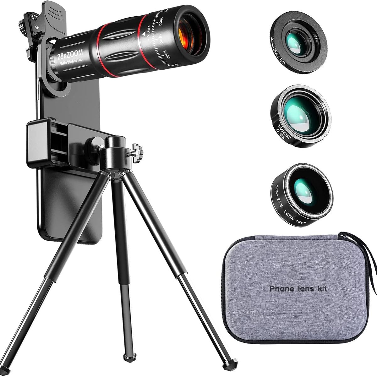 PUREPOWER - 4 EN 1 lentes de cámara para teléfono celular,20x teleobjetivo y 0.63 gran angular,198°Fisheye 2X