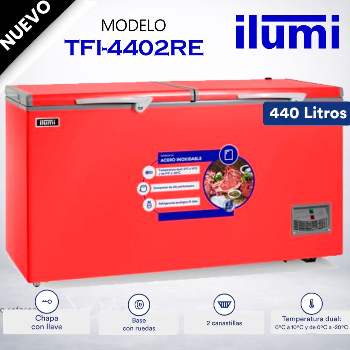 ILUMI - TFI-4402RE - Congelador Horizontal 440Lt Rojo Ilumi