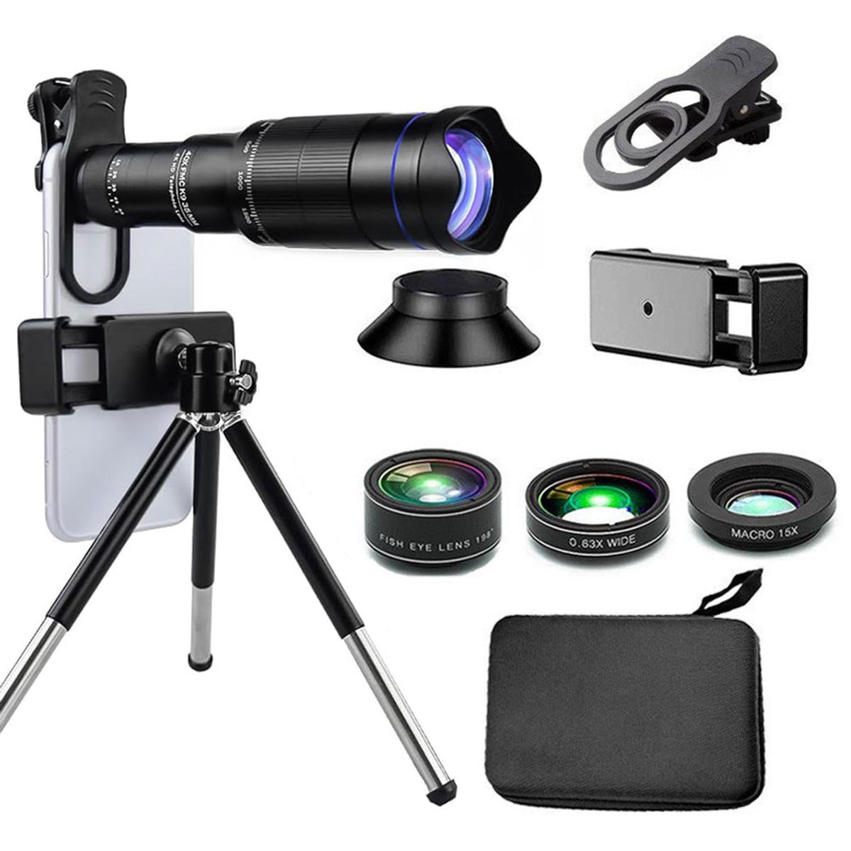 PUREPOWER - 4 EN 1 lentes de cámara para teléfono celular,40x teleobjetivo y 0.63 gran angular,198°Fisheye 2X