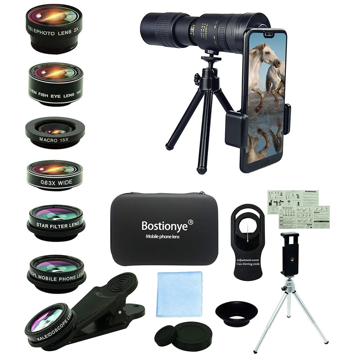 PUREPOWER - 8 EN 1 lentes de cámara para teléfono celular,300-40mm teleobjetivo y 0.63 gran angular,198°Fisheye