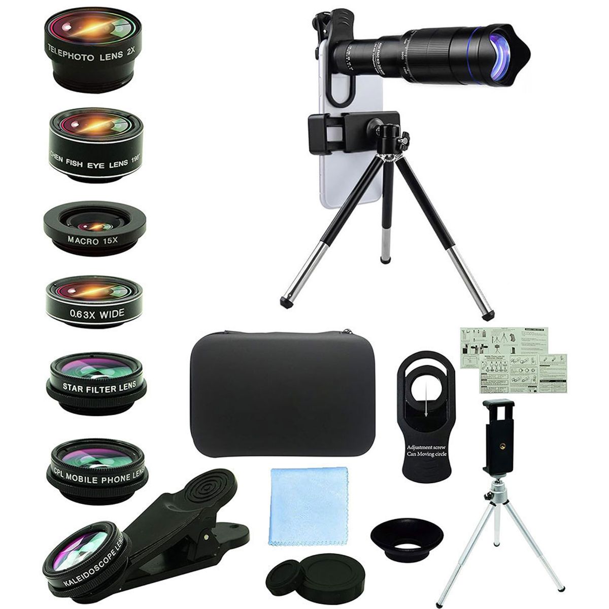 PUREPOWER - 8 EN 1 lentes de cámara para teléfono celular,40X teleobjetivo y 0.63 gran angular,198°Fisheye