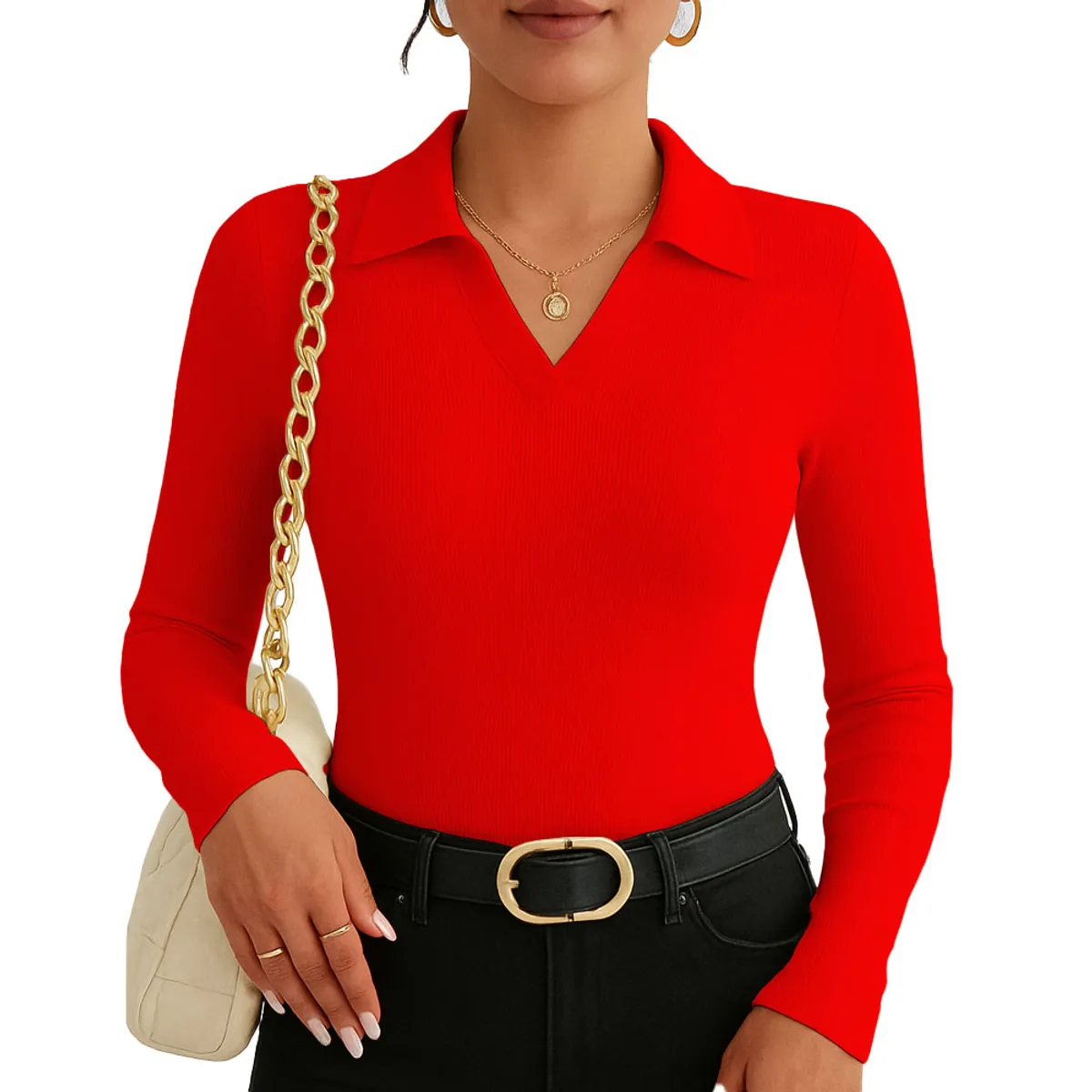 GENERICO - Polo Mujer Camisero Manga Larga Aca 716 Fab-19 Rib Grueso Color Rojo