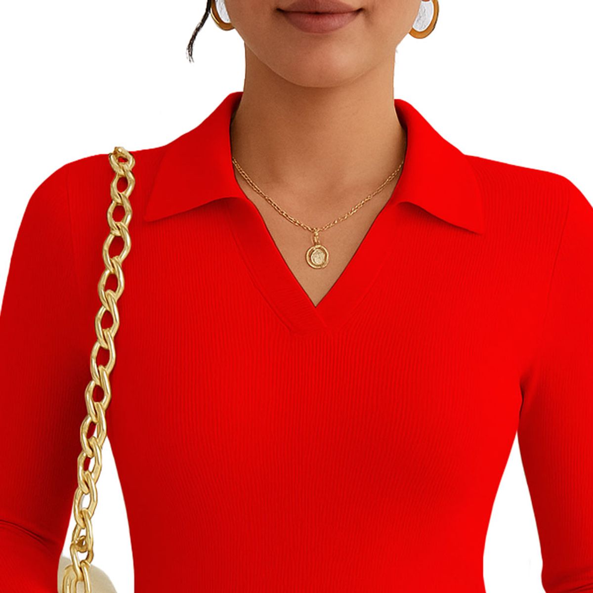 GENERICO - Polo Mujer Camisero Manga Larga Aca 716 Fab-19 Rib Grueso Color Rojo