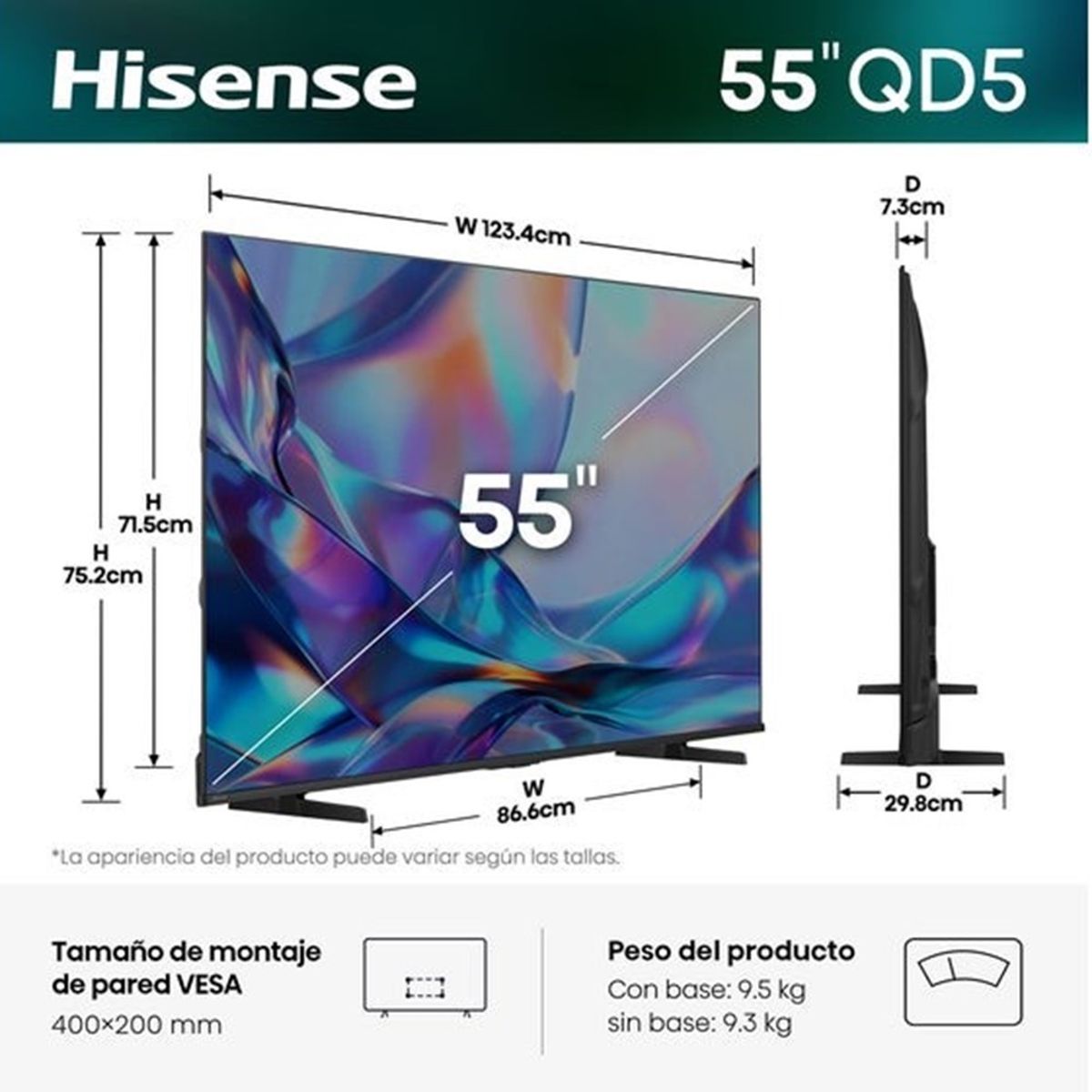 HISENSE - TELEVISOR HISENSE SMART TV 55 QLED 4K UHD 55QD5SV