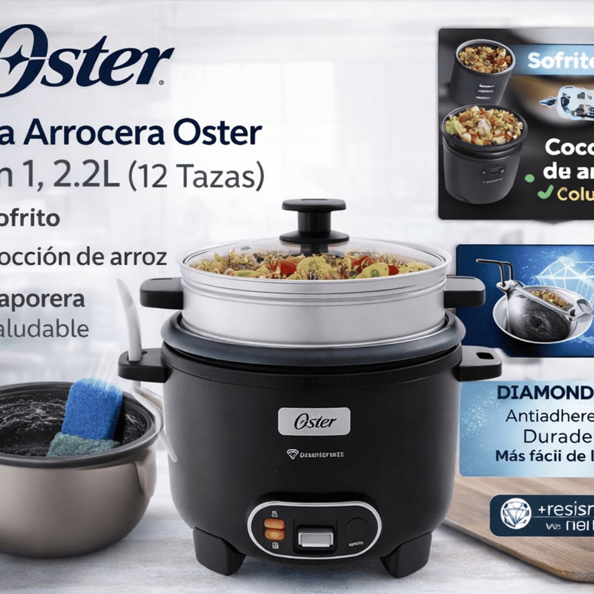 OSTER - Olla Arrocera Oster 3 en  1  2.2L (12 Tazas) con Sofrito y Vaporera Antiadherente DiamondForce CKSTRC12DFBLK