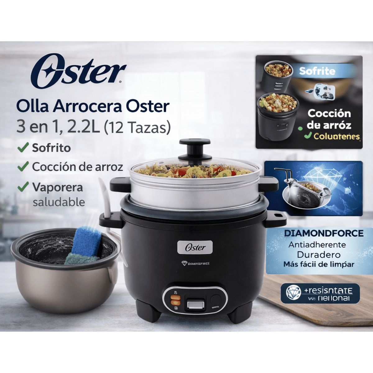OSTER - Olla Arrocera Oster 3 en  1  2.2L (12 Tazas) con Sofrito y Vaporera Antiadherente DiamondForce CKSTRC12DFBLK