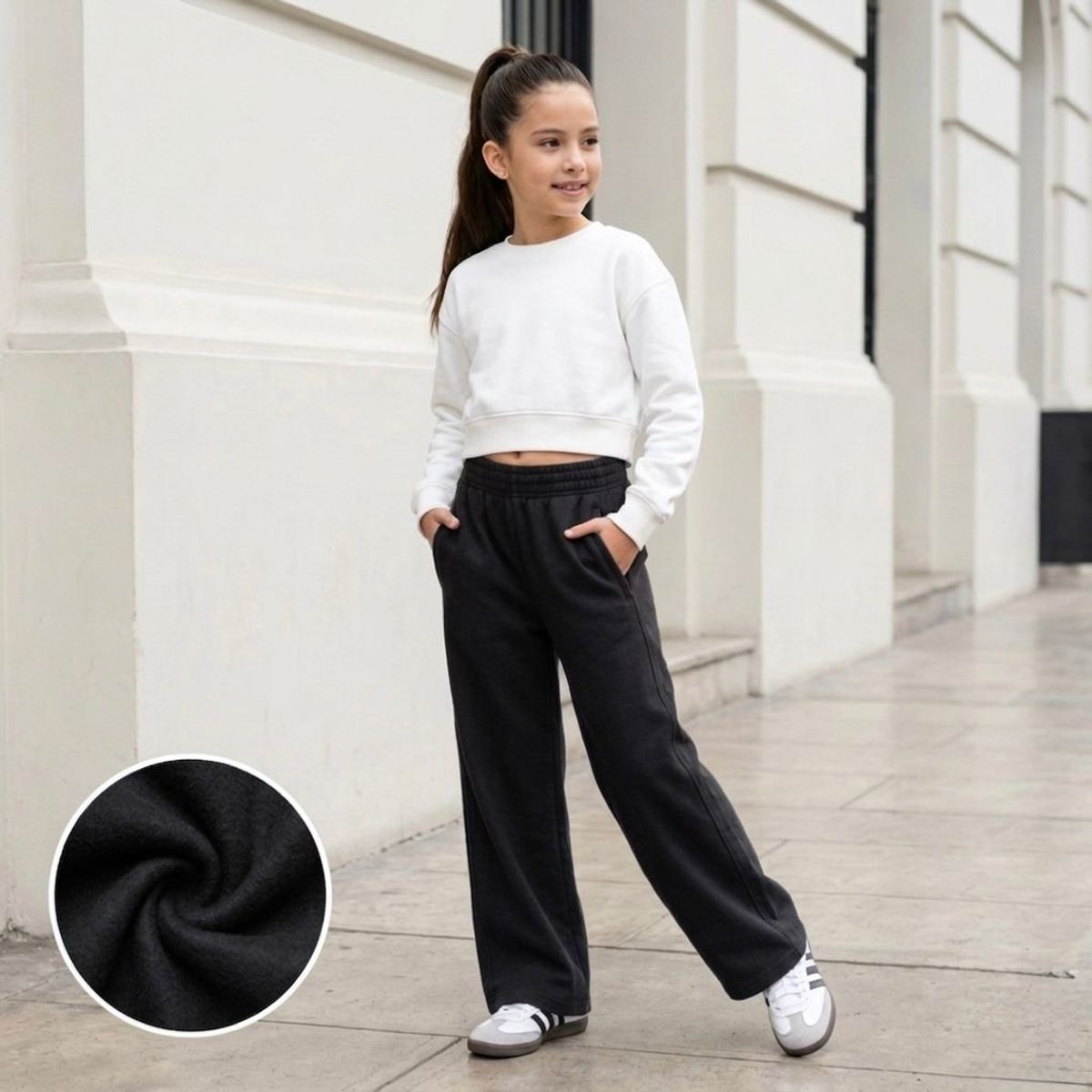 GENERICO - Pantalón Palazzo Niña French Terry Negro Algodón - Angela Kids