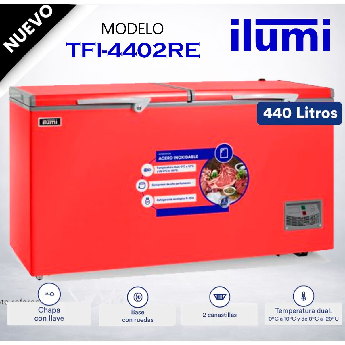 ILUMI - TFI-4402RE - Congelador Horizontal 440Lt Rojo Ilumi
