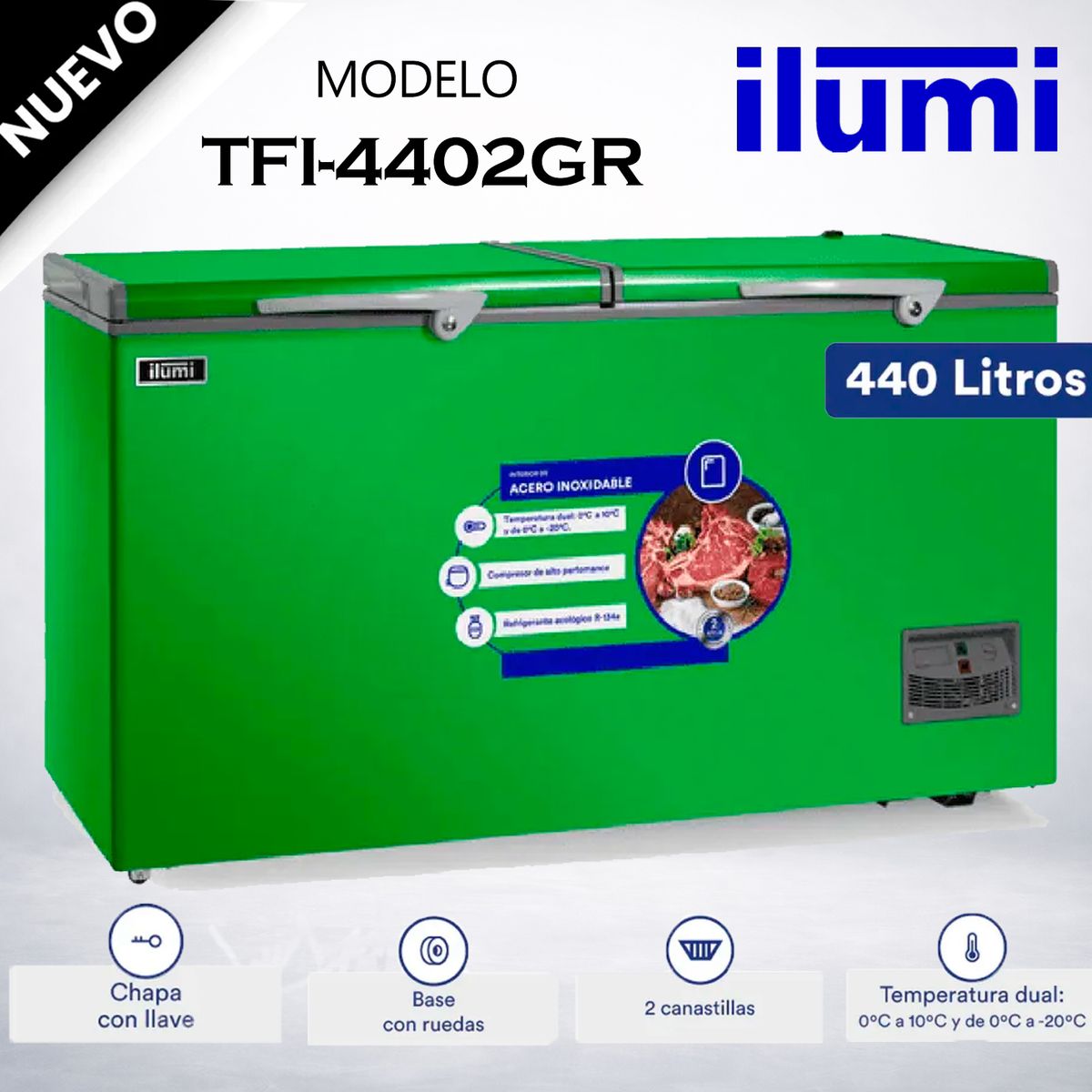 ILUMI - TFI-4402GR - Congelador Horizontal 440Lt Verde Ilumi