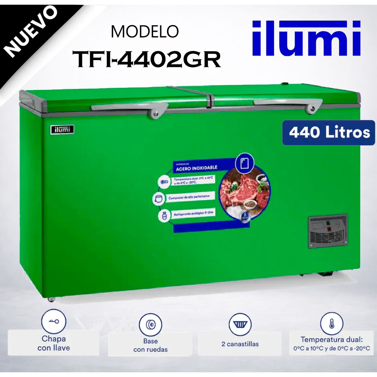 ILUMI - TFI-4402GR - Congelador Horizontal 440Lt Verde Ilumi