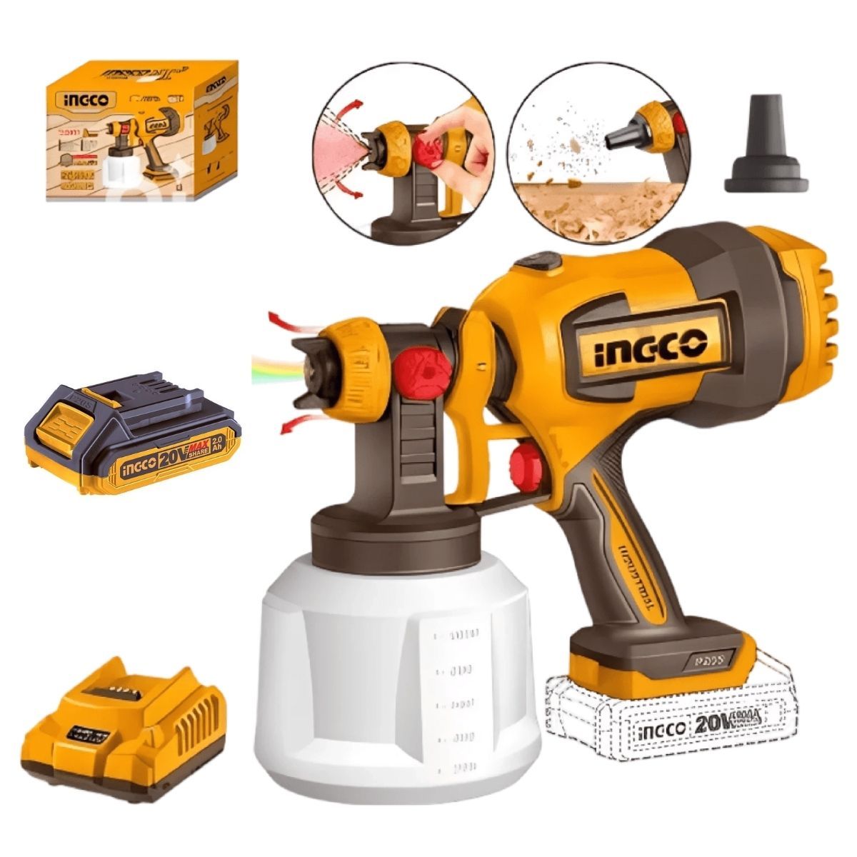 INGCO - Pistola De Pintar Ingco Csgli20042 20V 1000Ml + Boquillas