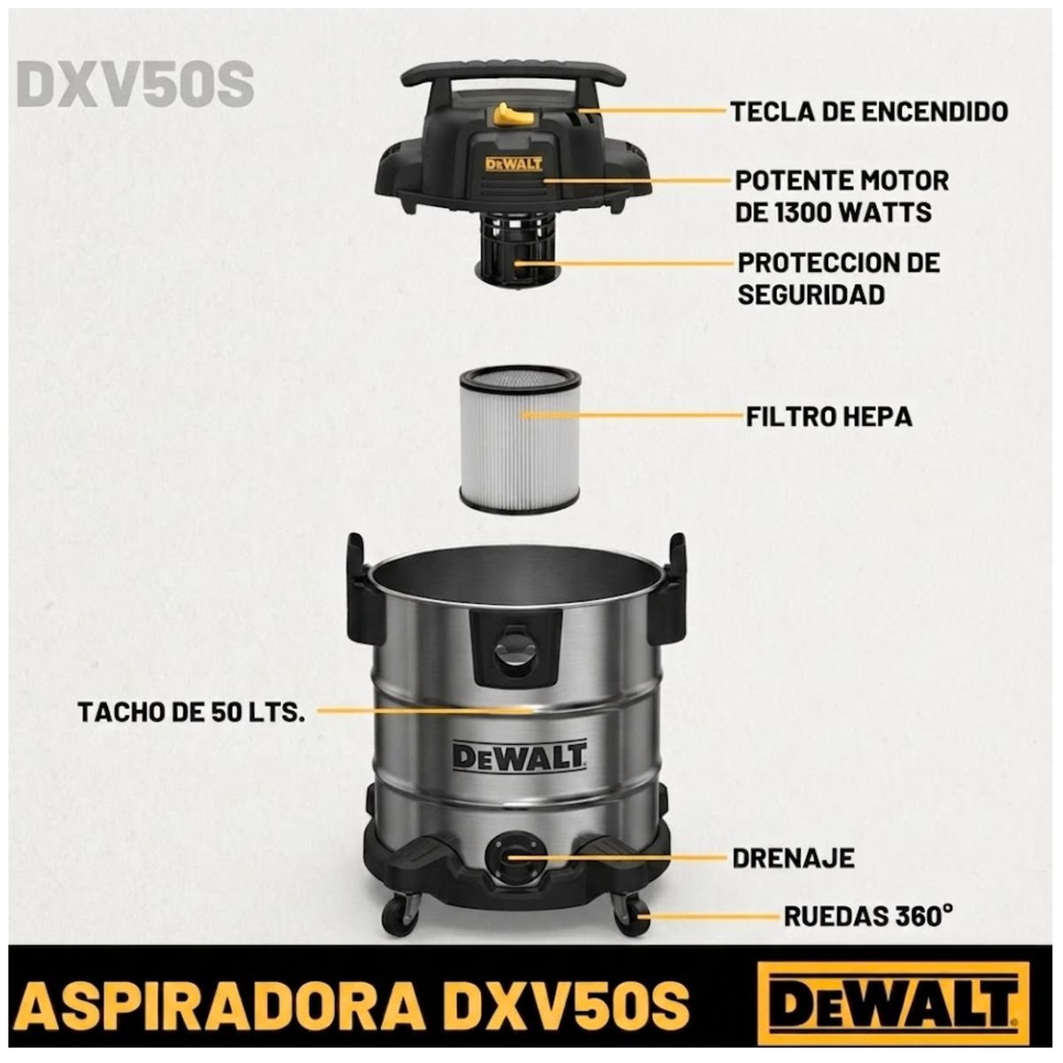 DEWALT - Aspiradora y sopladora de polvo y liquido 50 litros acero inoxidable DXV50S-B2 DEWALT