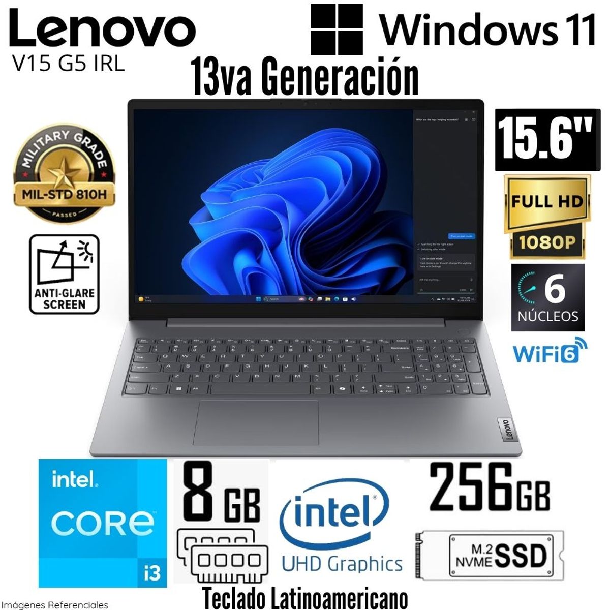 LENOVO - Laptop Lenovo V15 G5 IRU Intel Core i3-1315U 8GB RAM 256GB SSD 15.6"  FHD - 83GW005NLD