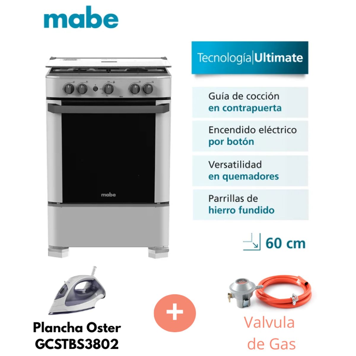 MABE - Cocina de pie Mabe 4 Hornillas a Gas CMP6010FG1 Silver + Valvula para gas + Plancha Oster