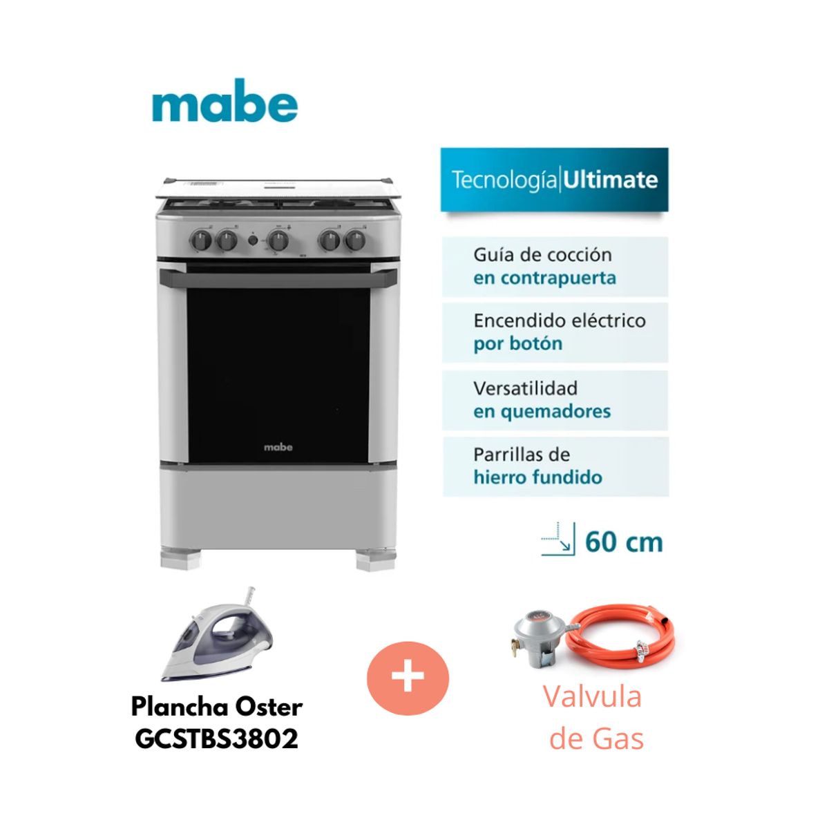 MABE - Cocina de pie Mabe 4 Hornillas a Gas CMP6010FG1 Silver + Valvula para gas + Plancha Oster