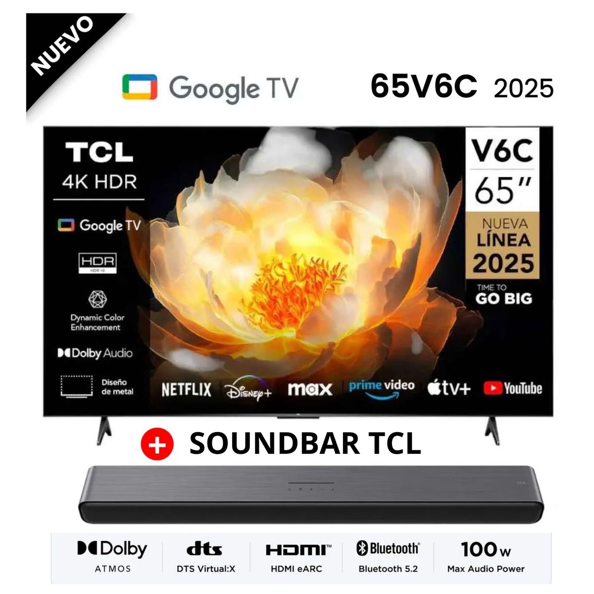 TCL - Televisor TCL 65 UHD 4K Smart TV 65V6C + Soundbar Tcl