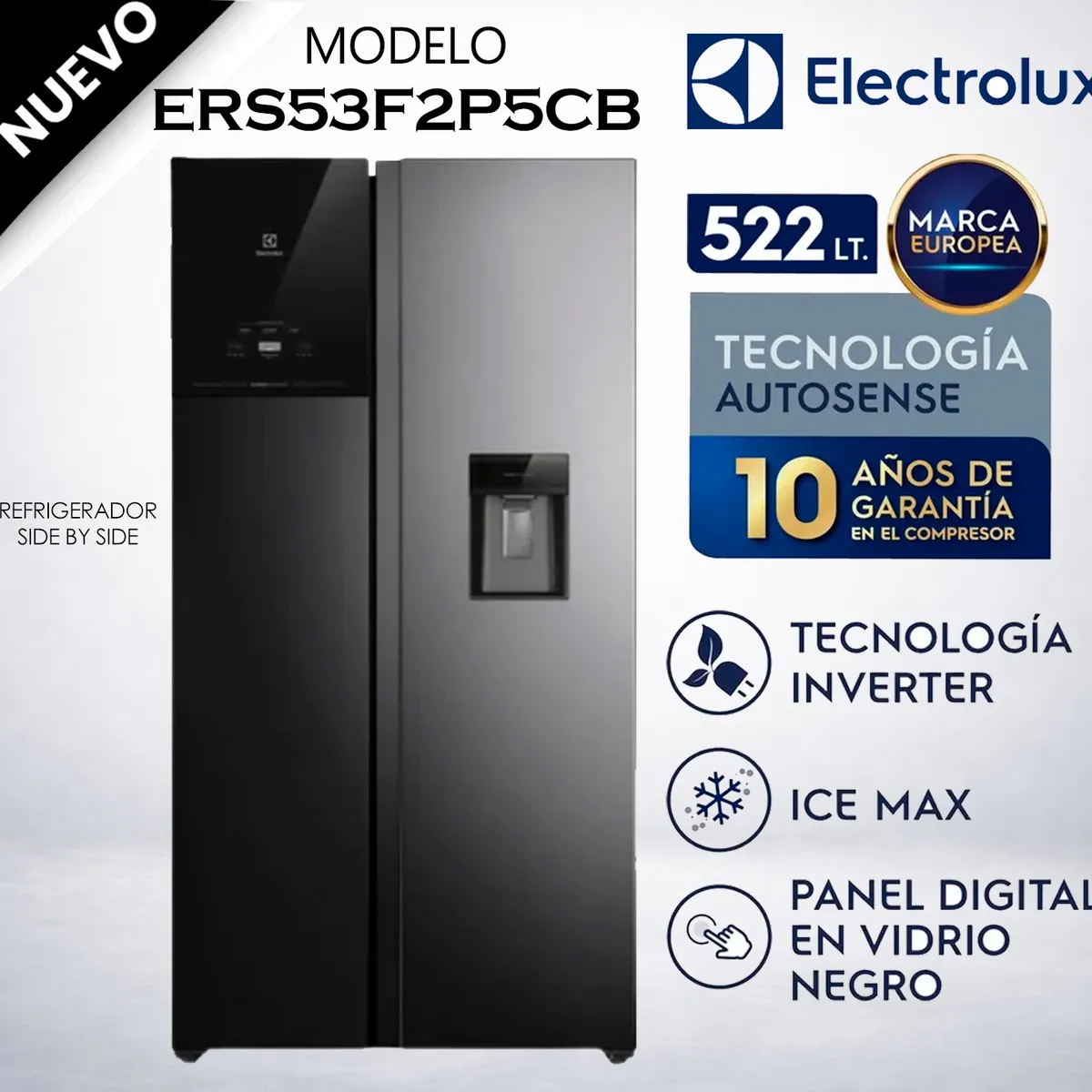 Refrigeradora No Frost Side by Side 522L Inverter AutoSense Negra  ERS53F2P5CB, marca Electrolux - Foto Principal