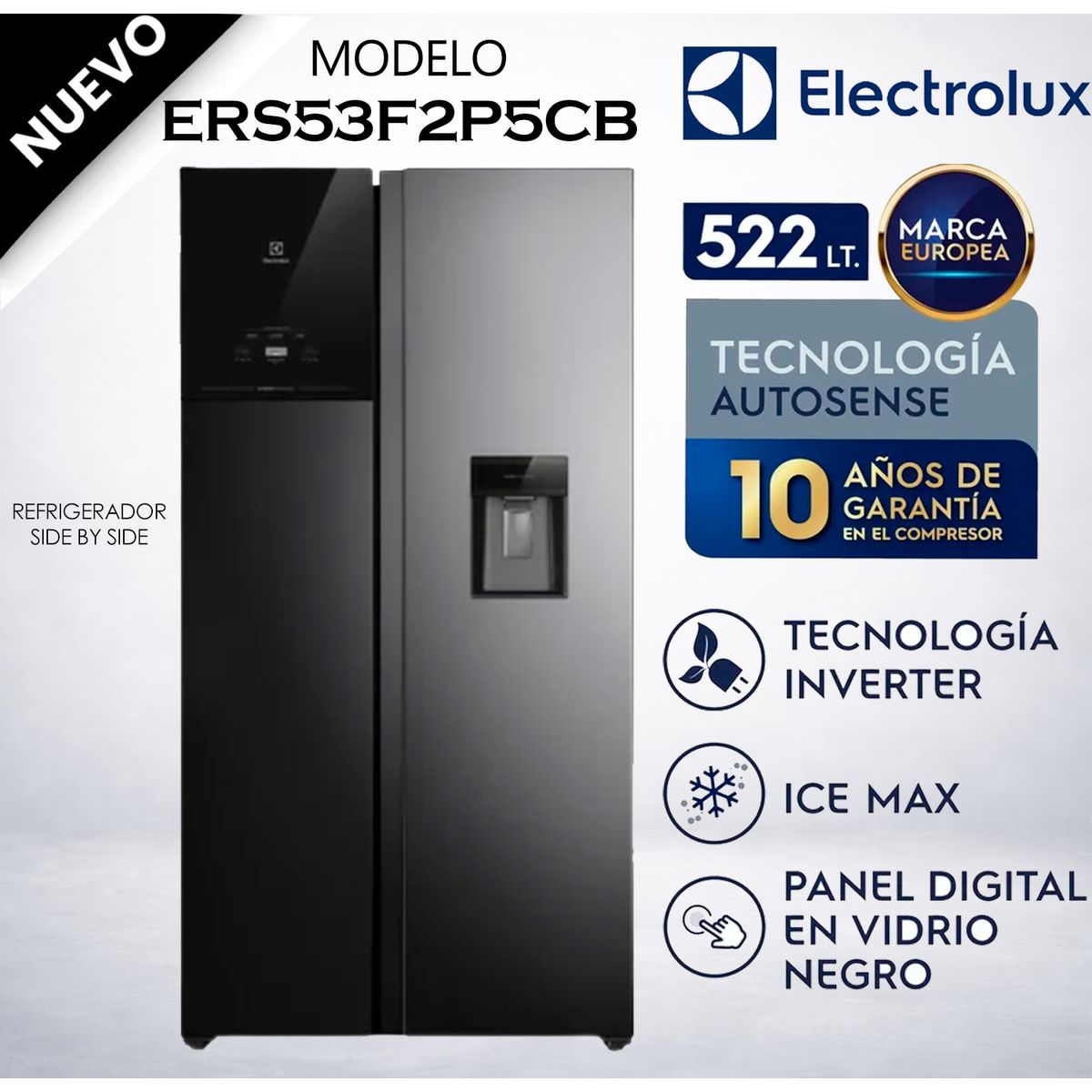 ELECTROLUX - Refrigeradora No Frost Side by Side 522L Inverter AutoSense Negra  ERS53F2P5CB