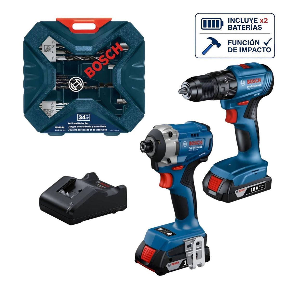 BOSCH - Taladro GSB 185-LI + Atornillador GDR 18V-215 + 34pz Bosch